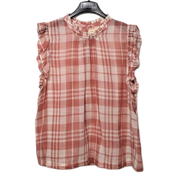 Anthropologie Pink Plaid Ruffle Sleeve Top - Picture 2 of 5